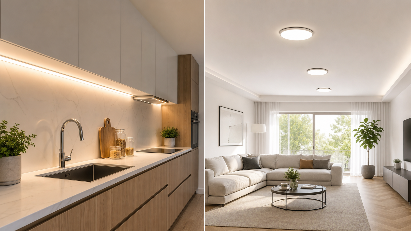 Modern LED strip lights and ceiling lights in bright home interiors