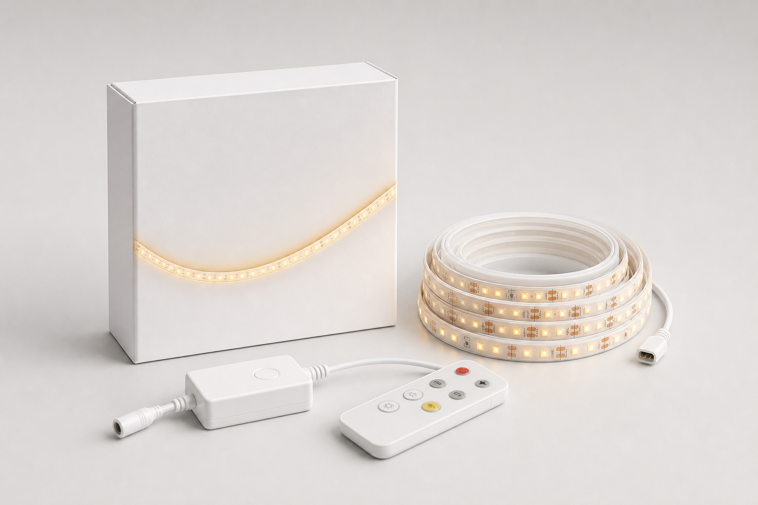 LED strip light kit with retail box, coiled strip light, controller, and remote